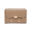 Detail of khaki PU leather wallet with floral print and double flower metal clasp buckle - Coffee