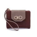 Short PU leather wallet for women with leaf buckle in dark reddish-brown and khaki - Hexagonal Buckle Style (With Wrist Strap) / Burgundy Patchwork