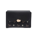 Floral print black leather wallet for women with wavy flap and golden flower buckle - Black
