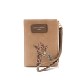 Macro shot of brown faux leather coin purse featuring a giraffe print and wrist strap - Khaki