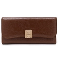 Detailed view of the brown textured leather wallet with a golden semi-circle metal clasp - Coffee