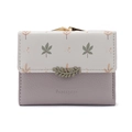 Beige and lilac dual-tone leather wallet featuring leaf prints and a gold clasp - Gray