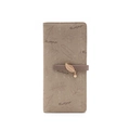 Detail of khaki long wallet with leaf print, brand logo and golden leaf metal pendant - Camel