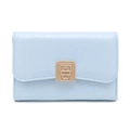 Close-up of light blue leather wallet featuring a golden geometric twist lock closure - Sky Blue
