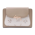 Detailed view of women's floral wallet with gold metal logo and brown leather grain - Apricot