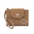 Brown PU leather wallet featuring gold bird clasp and white leaf print with wristlet - Brown
