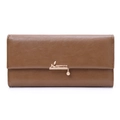 Close-up of brown leather long wallet with golden leaf and pearl pendant detail - Yellow Brown