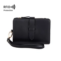Black RFID leather tri-fold wallet for women with zipper pocket and wrist strap - Black