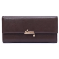 Dark brown long leather wallet for women with golden heart pendant and leaf hardware - Dark Brown