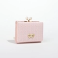 Pink PU leather tri-fold wallet with pearl kiss-lock and golden bow decoration - Pink