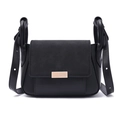 Detail view of the sleek black flap bag with gold rectangular buckle and mixed textures - Black