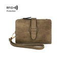 Brown frosted RFID women's short trifold wallet with wrist strap and zipper closure - Army Green