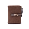 Detail of a brown matte leather wallet featuring a golden leaf clasp and wrist strap - Dark Coffee