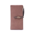 Detail of dusty rose long wallet with leaf charm, zip closure, and wristlet strap - Dust Rose