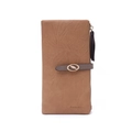 Detail of vintage brown leather long wallet with leaf clasp and metal zipper - Light Brown