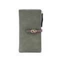 Close-up of olive green long wallet with leaf embossed texture and metal leaf buckle - Green