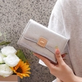 Close-up of silver textured women's wallet with golden metallic clasp in hand - Silver