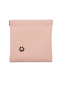 Detailed view of pink PU leather pouch featuring a rhinestone flower and spring closure - Pink Flower