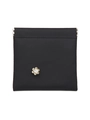 Close-up of black crocodile pattern storage bag with metal squeeze closure and floral stud - Black Flower