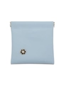Close-up of light blue crocodile texture pouch with a golden flower rhinestone clasp - Blue Floral