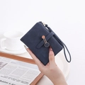 Short navy blue matte PU leather wallet with zipper closure and portable wrist strap - Sapphire Blue