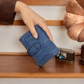 Navy blue vintage soft leather small wallet with white contrast stitching in hand - Short Style / Navy Blue