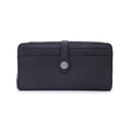 Close-up of vintage dark gray women's wallet showing textile texture and metal snap buckle - Black