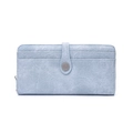Detail of light blue long wallet with woven texture and round metal snap closure - Denim Blue