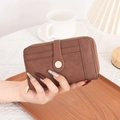 Brown vintage PU leather folding wallet for women with card slots and gold zipper closure - Dark Brown