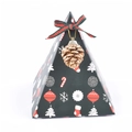 Christmas pyramid gift box with festive patterns, red ribbon bow and golden pinecone charm - 9x9x11.5cm / Christmas Gift Pattern