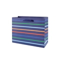 Navy blue horizontal paper gift bag with rainbow stripes and satin ribbon handles - 210g White Cardboard / 25*10*20cm-Navy Rainbow Stripe