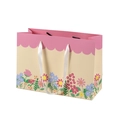Floral print gift bag with pink scalloped trim and white silk handles on cream paper - 20*8*14cm / Yellow Base Floral