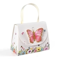 Geschenkbox in Handtaschenform mit rosa Schmetterling, Blumenmuster und Bandgriff - 8.5x4x6.5cm / Weiß