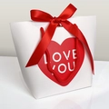 White gift bag with red heart LOVE YOU text and elegant red silk bow decoration - Red Heart (HB10022)