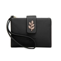 Detail of black PU leather wallet with leaf clasp and brand engraving with wrist strap - Black