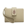 Close-up of olive green wallet featuring leaf clasp and PRETTYZYS embossed logo - Grey Green