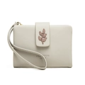 Detail of light gray PU leather wristlet clutch featuring a pink leaf buckle and logo - Light Gray