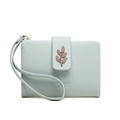Detail of mint green PU leather wallet featuring a stylish leaf clasp and wrist strap - Sky Blue