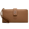 Detail of leaf-shaped ornament and texture on brown faux leather zip wallet - Coffee