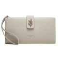 Detail of light grey pebbled leather long wallet with leaf charm and wrist strap - Light Gray