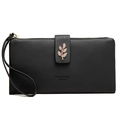 Detail of black faux leather wallet with gold leaf buckle and lucky lettering - Black