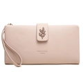 Pink minimalist long zip wallet for women featuring a decorative leaf and wrist strap - Pink