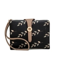 Detail der schwarzen Damen-Brieftasche mit goldenem Blumenschluss und Blattprint - Schwarz