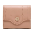 Short minimalist women's zip wallet in soft pink leather with elegant leaf embroidery - Pink