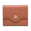 Detailed view of tan PU leather wallet featuring leaf embroidery and gold logo hardware - Orange
