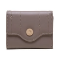 Detail of short taupe wallet with vertical stitching, leaf embroidery and gold metal snap - Camel