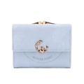 Detail of light blue tri-fold wallet with gold rabbit emblem and metal clasp closure - Sky Blue