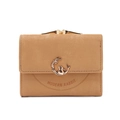 Detail of light brown wallet featuring a gold rabbit logo and Modern Rabbit text - Tan