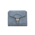 Dettaglio del portafoglio in pelle PU opaca blu-grigio con fibbia a sella e cuciture - Blu scuro