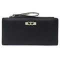 Close-up of black litchi leather wallet with dual heart clasp and wrist strap detail - Black